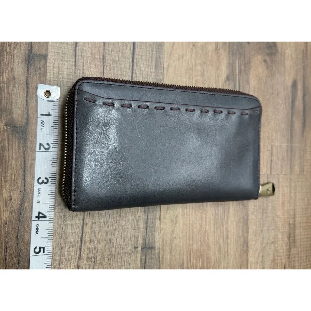 HOBO International Leather Zip Around Wallet Gray Whipstitch Organizer